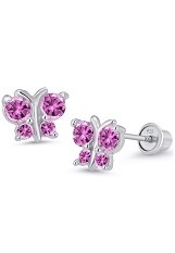 delightful silver pink butterfly baby birthstone earrings